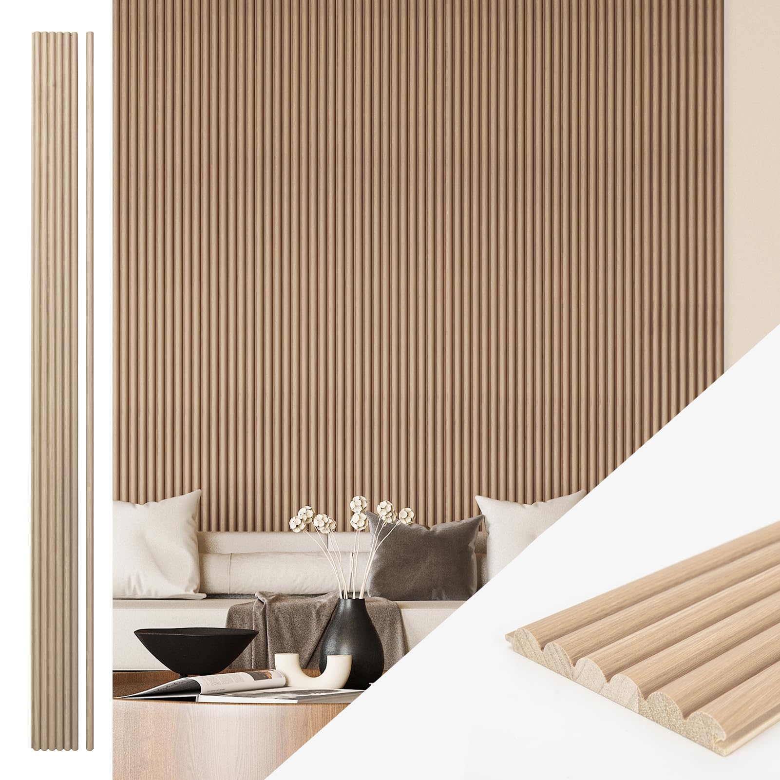 Photo 1 of Art3d Fluted Wood Panel for Wall and Ceiling, Beaded Accent molding for Home Decoration, Pack of 4pcs + 1pc End-Trim, Size 108 x 5.7in.- Beaded Ashtree