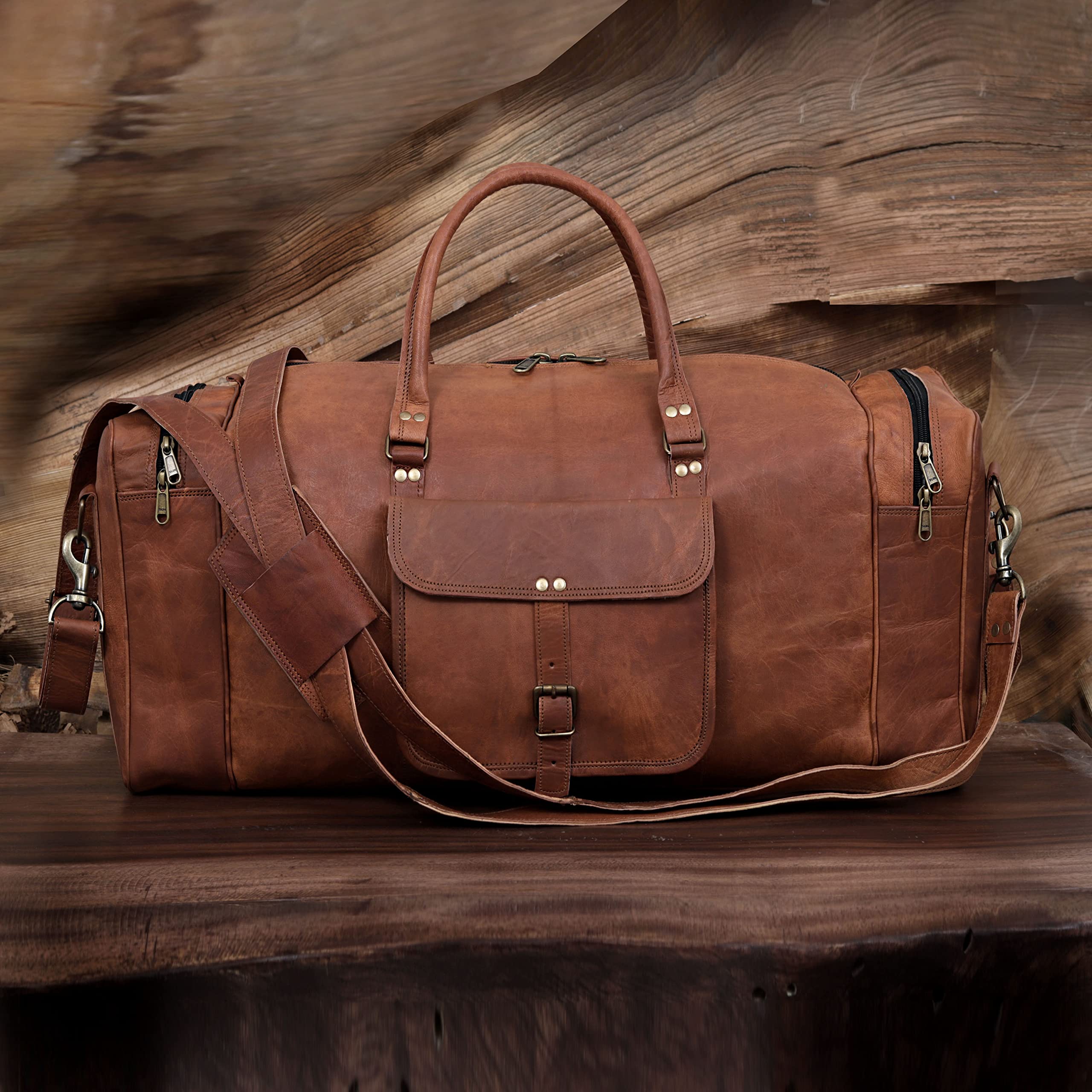 Dhk Devil Hunter Killer KK's Vintage Leather Duffel Bag, Handcrafted, Stylish & Durable, Ideal for Gym, Travel, Genuine Leather Travel Bag, Brass Rivets & Zippers Size 28