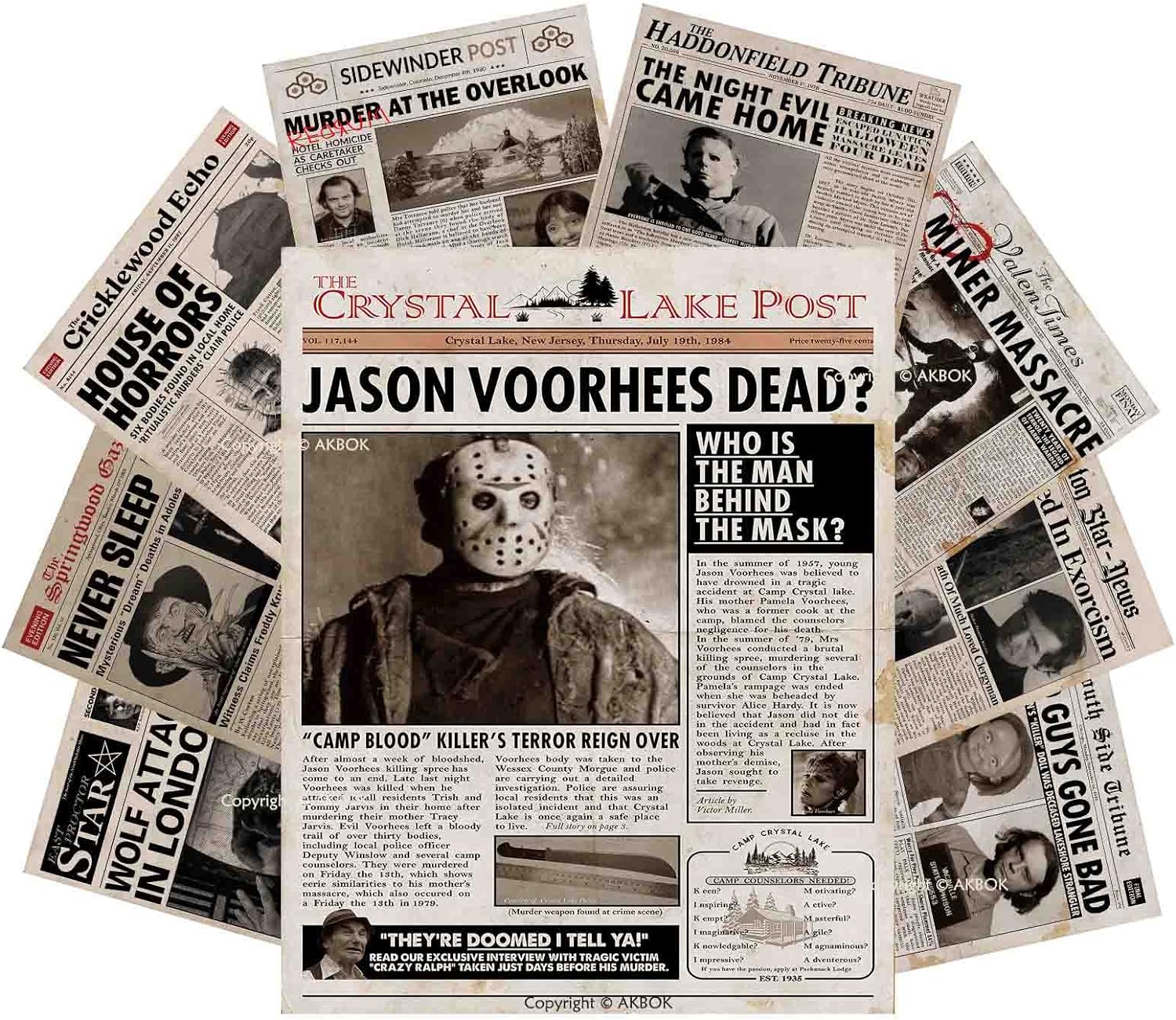 Wall Décor - AKBOK Vintage Horror Movie Newspaper Article Poster Classic Scary Movie Character Poster Newspaper Art Prints Home Theater Set for Man Cave Living Room Bedroom 8”X 10” Unframed 9Pcs