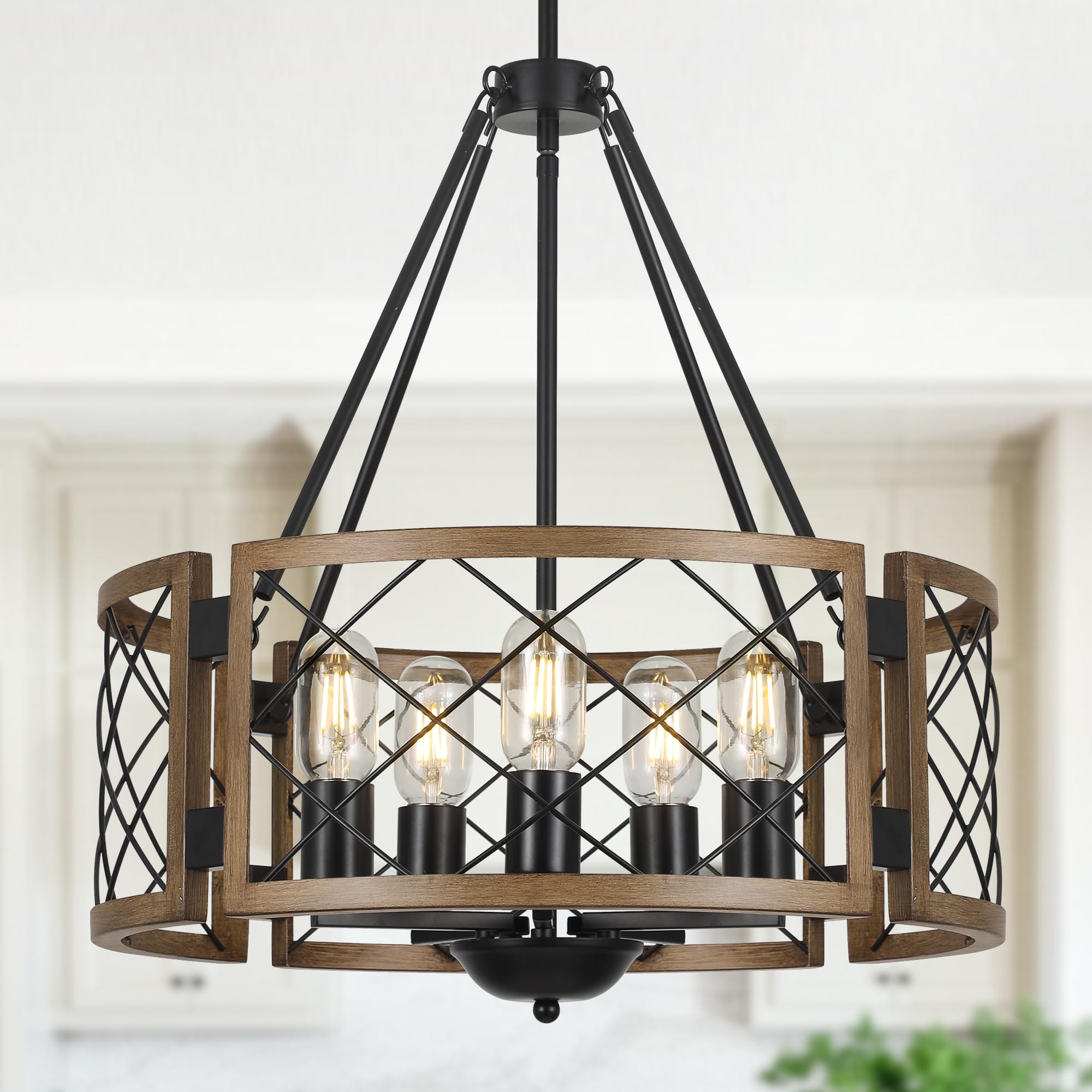 Photo 1 of Sigaitwei 5-Light Farmhouse Chandelier Brown Rustic Chandelier for Dining Room Wood Texture Adjustable Pendant Light,Drum Chandelier for Kitchen Island Entryway Bedroom Hallway,18.9'',E26.