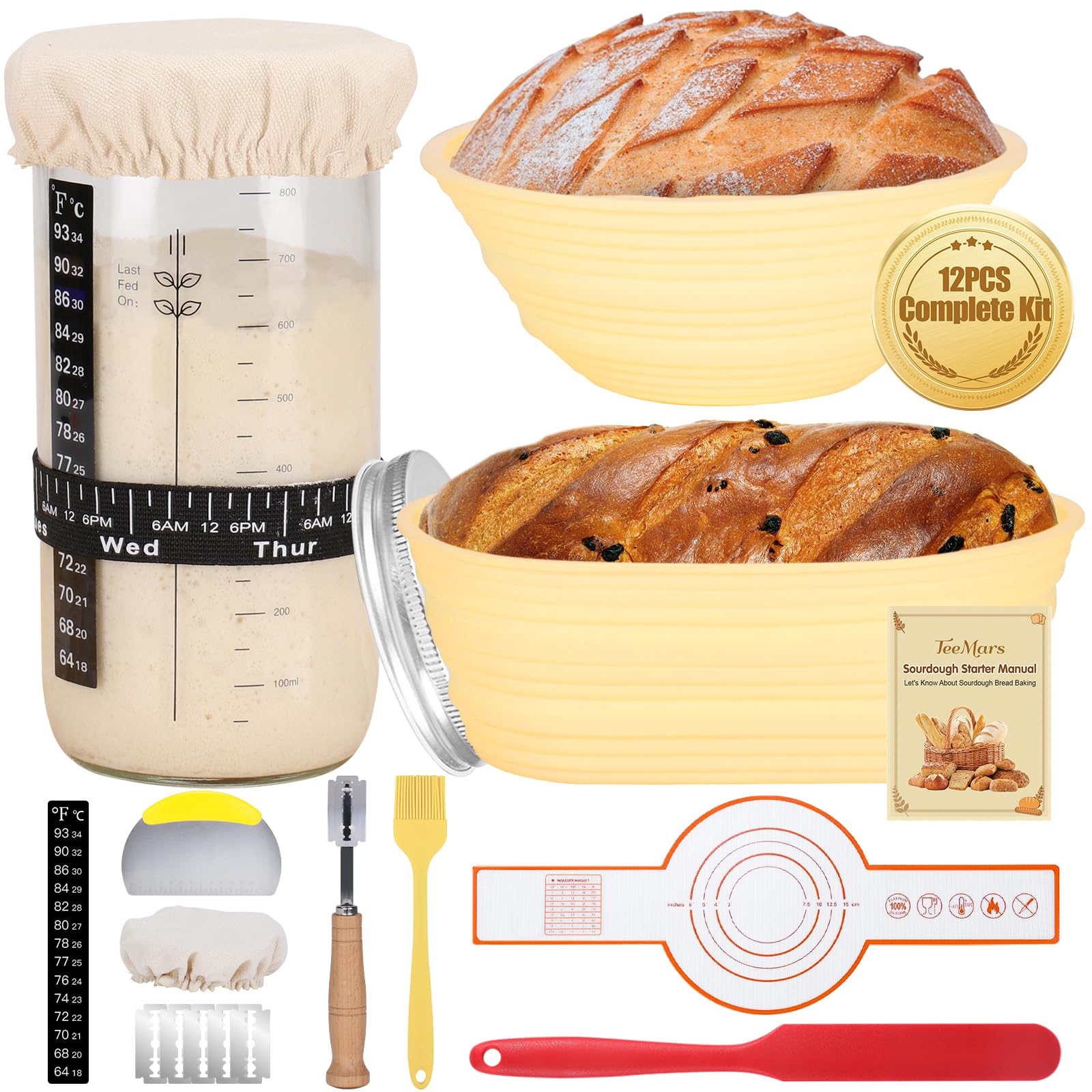 Photo 1 of Sourdough Starter Kit, 34oz Sourdough Starter Jar, Bread Sling for Dutch Oven, 2 Bread Proofing Baskets, Thermometer, Time Tracker, Metal Scraper, Complete Sourdough Bread Baking Supplies for Beginner
