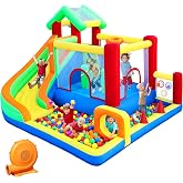 PZGEQ Bounce House, Inflatable Bounce Castle with Blower for Kids Indoor Outdoor, Blow Up Jumping Castle with Ball Pit, Slide, Climbing Wall, Dart Target, Basketball Hoop