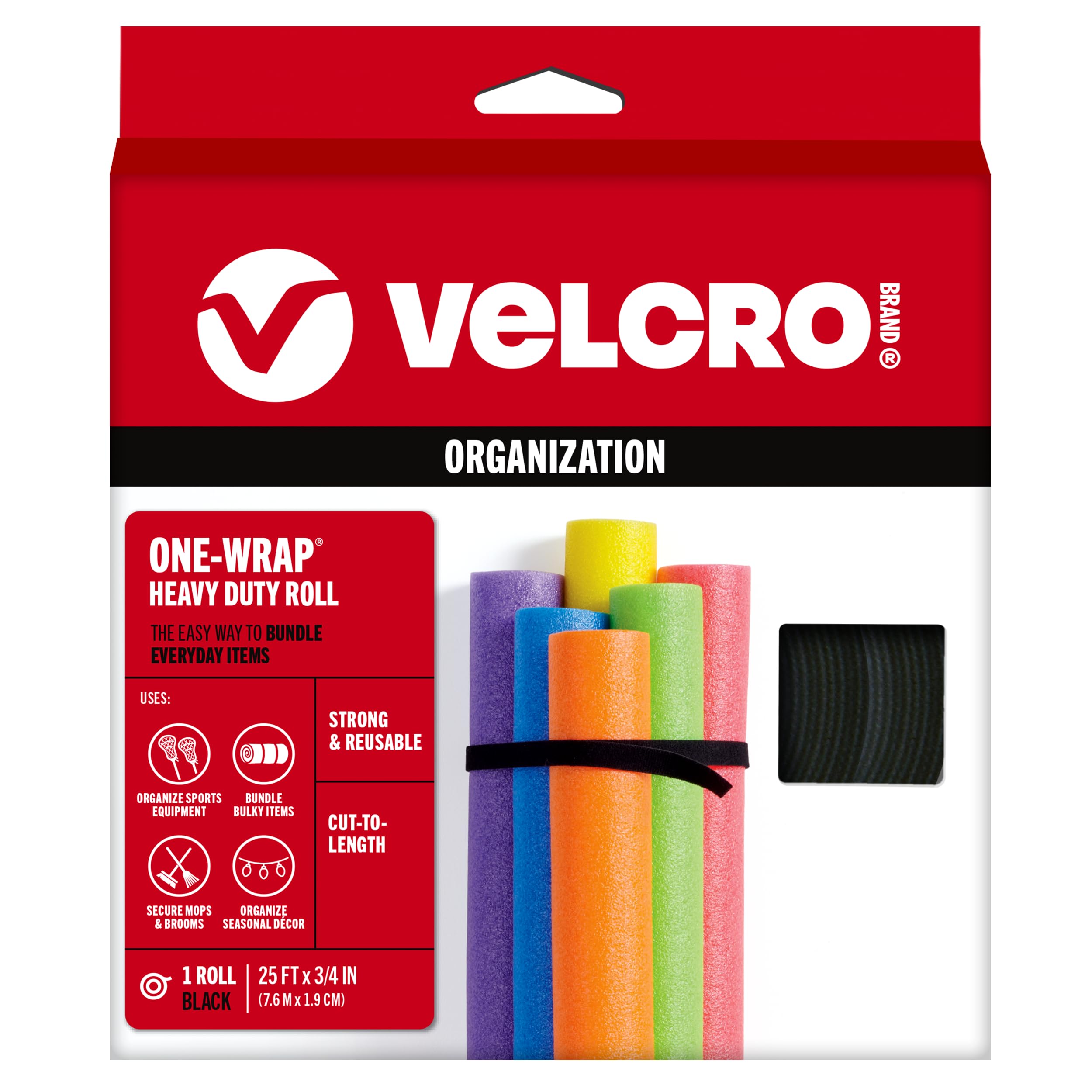 VELCRO Brand ONE-WRAP Bundling Ties – Reusable Fasteners for Keeping Cords and Cables Tidy – Cut-to-Length Roll, 25ft x 3/4in, Black