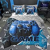 Gaming Boys Kids 7 Pieces Comforter Set Queen Size,Blue Video Game Consoles Gamepad Reversible Quilt Set,Geometric Honeycomb Gamer Room Decor Bedding Set with Comforter,Sheet,Pillowcase