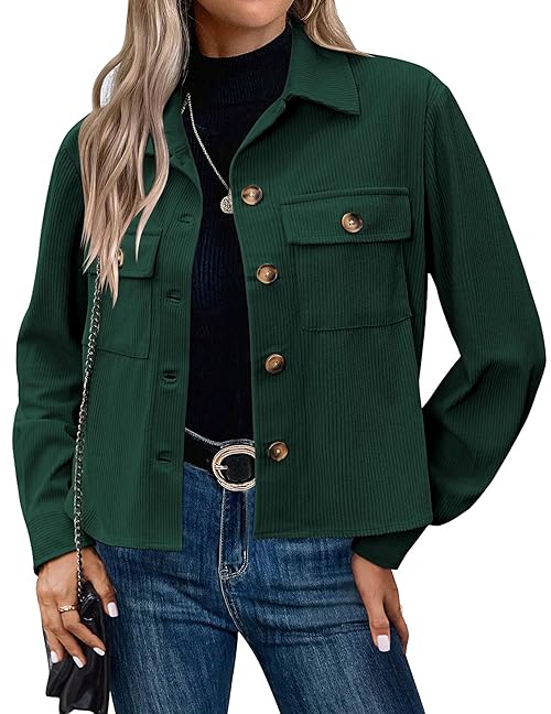 Zeagoo Women Jacket Cropped Corduroy Shacket Button Down Long Sleeve Shirts Crop Casual Office Outwear Tops Green