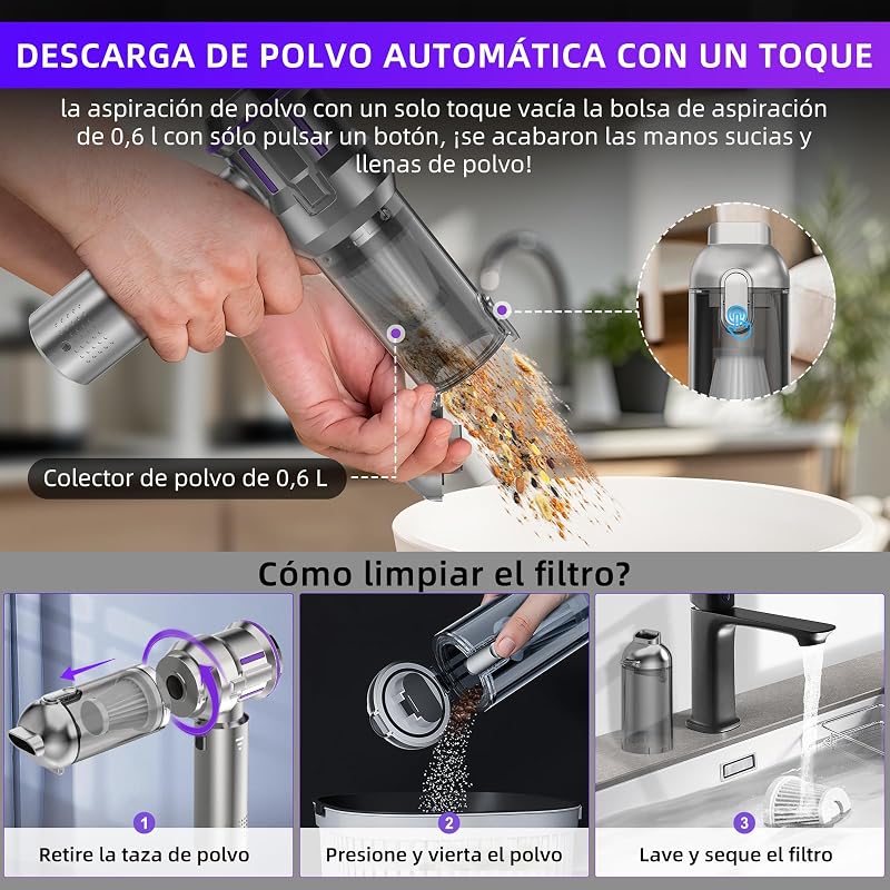 Aspirador de Mano, 25000Pa Aspiradora sin Cable Coche con Descarga de Polvo Automática con un Toque, 4 en 1 Aspirador Coche, Motor sin Escobillas, 3 Niveles, Ideal para Pelo de Mascotas, Coche, Hogar — foto 3 de 7
