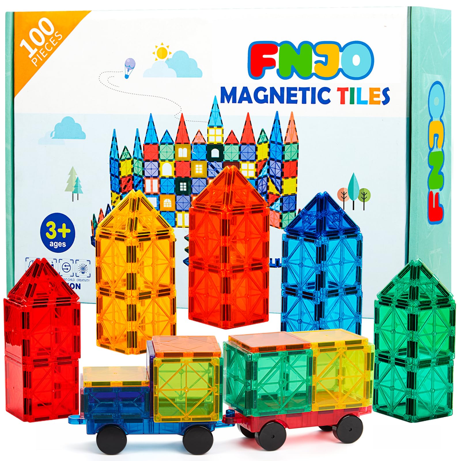 FNJO Magnetic Tiles, 100PCS Building Blocks, STEM Magnets Building Toy Set, Preschool Kindergarten Construction Stacking Toy, School Teacher Supplies, Classroom Must Haves