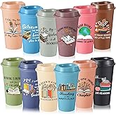 FillTouch 12 Pcs Book Lovers Gifts Bulk, 16oz Library Reading Theme Coffee Cups with Lids, Book Club Appreciation Gifts for Bookish Teacher Students Employee (Morandi)