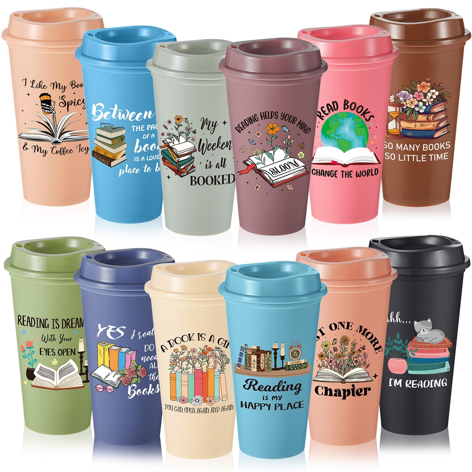 Photo 1 of FillTouch 12 Pcs Book Lovers Gifts Bulk, 16oz Library Reading Theme Coffee Cups with Lids, Book Club Appreciation Gifts for Teacher Students Employee Thanksgiving Christmas Party Favors (Morandi)