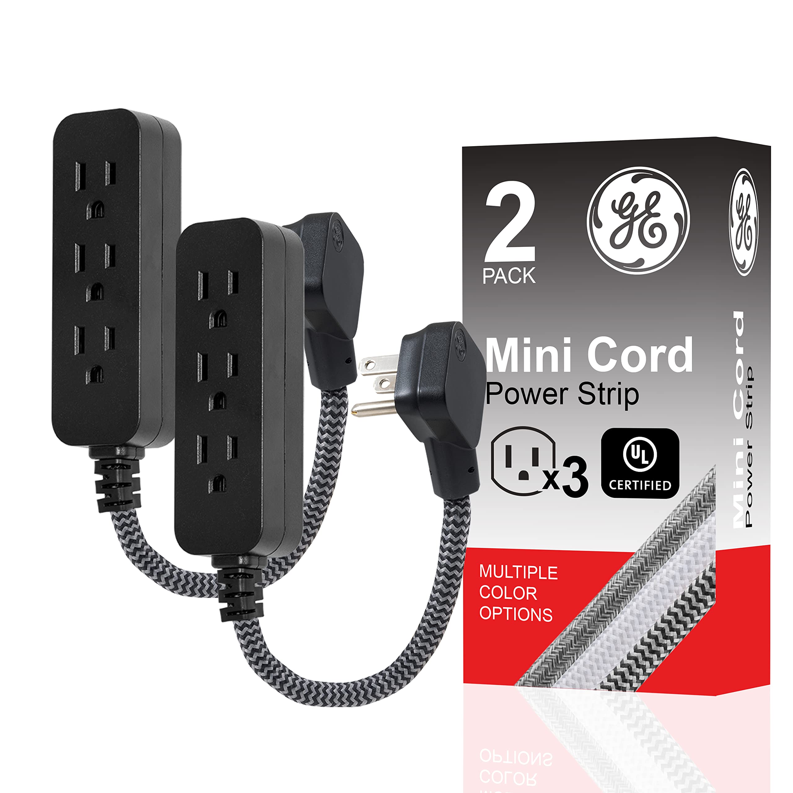 Photo 1 of GE 3-Outlet Power Strip Extension Cord with Multiple Outlets 6 Inch Braided Short Cord Extension Cord Grounded Flat Plug ETL Listed 2 Pack Black 53240