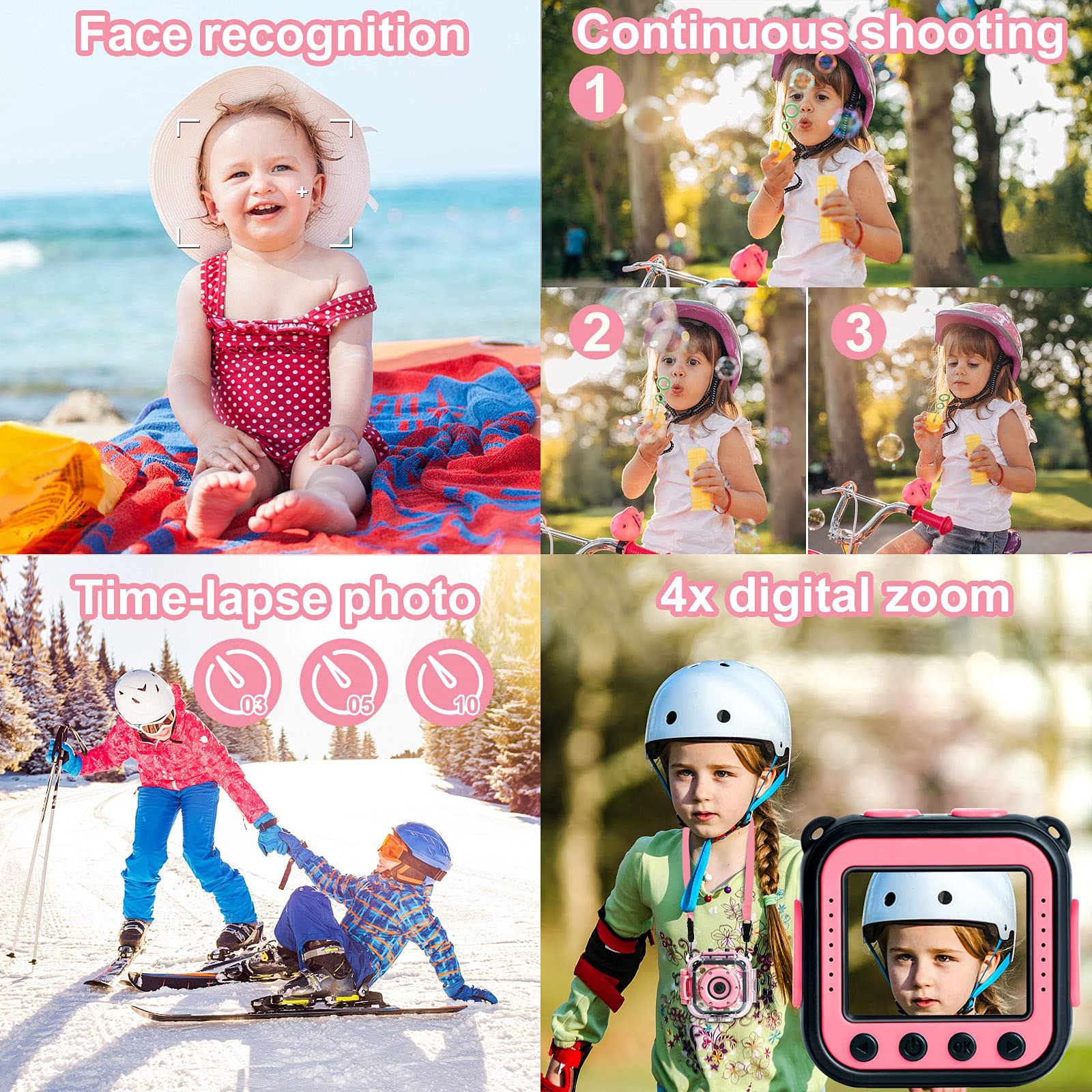 PROGRACE Kids Camera Waterproof- Children Digital Video Cameras Underwater Camera Chrismas Birthday Gift Toy for Kids 1080P DV Toddler Cameras for Girls Pool Toys Age 3-12