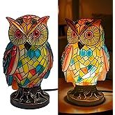 HQIAN SAT Tiffany Style Owl Table Lamp, Hand-Painted Vintage Resin Animal Desk Lamp, Colorful Owl Nightstand Light for Bedroom, Living Room, Nursery, Office, Unique Gift Idea for Mom, Women, Her