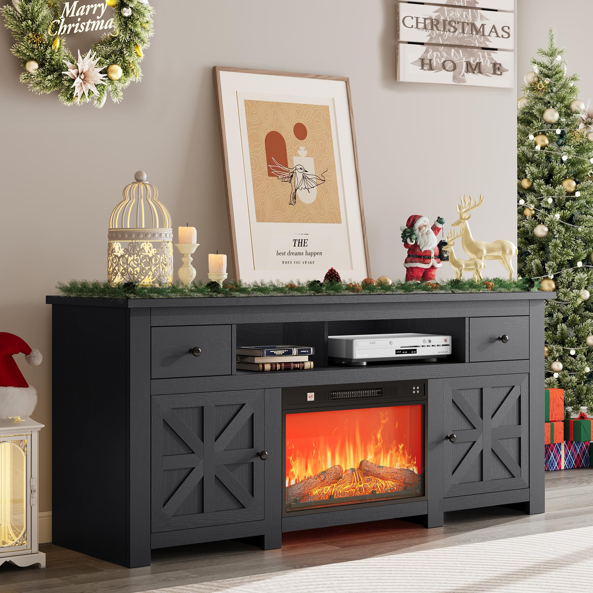 Photo 1 of YITAHOME Electric Fireplace TV Stand for TVs up to 80 Inches, Entertainment Center with Fireplace, Farmhouse TV Stands with Storage Drawers & Cabinets for Living Room (Black)