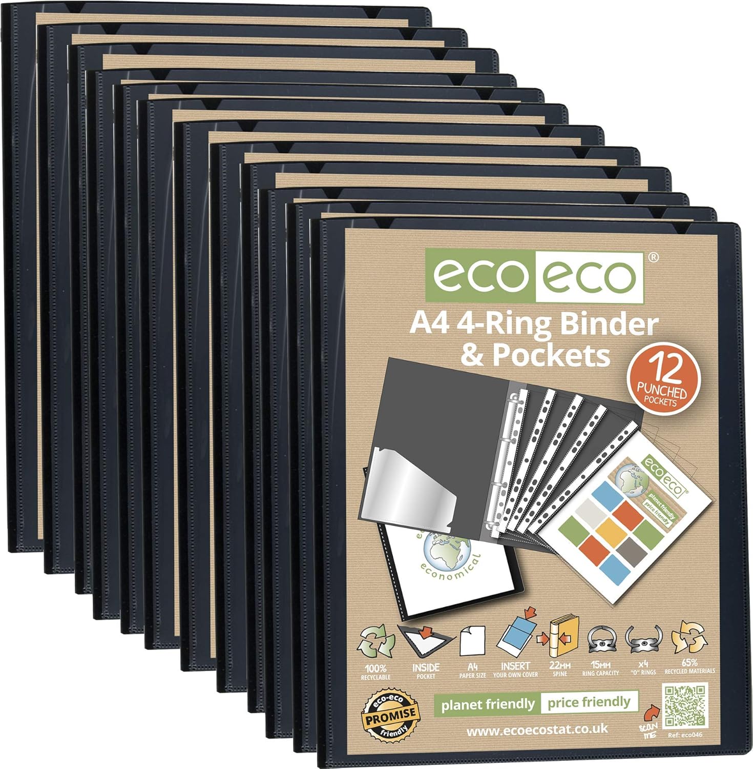 eco-eco A4 65% Recycled Presentation 4 O Ring Binder with 12 Multi Punched Pockets, 22mm Spine, Pack of 12 Black, eco046x12