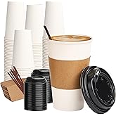 RACETOP 16 oz 100 Pack Disposable Paper Coffee Cups with Lids, Sleeves and Stirrers, Hot Cups, Paper Cups with Lids, Sleeves and Stirrers, Ideal for Home/Office