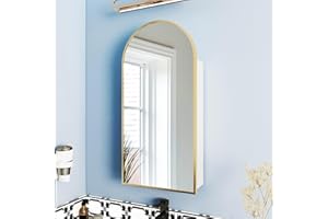 FKWin Arched Medicine Cabinet with Mirror, Aluminum Alloy Brushed Frame Bathroom Mirror with Storage, 3 Adjustable Shelves Vanity Mirror, Surface Wall Mounted, Not Recessed, 16x31 inch (Gold)