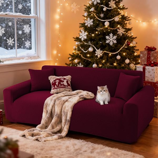 OBLU LIFE STRETCH COUCH COVER FOR 2 CUSHION LOVESEAT SOFA, FITS 57 X 72 INCH, JACQUARD WAFFLE FABRIC SLIPCOVER, WASHABLE PET FRIENDLY FURNITURE PROTECTOR WITH ELASTIC BOTTOM, WINE RED, 2 SEATS