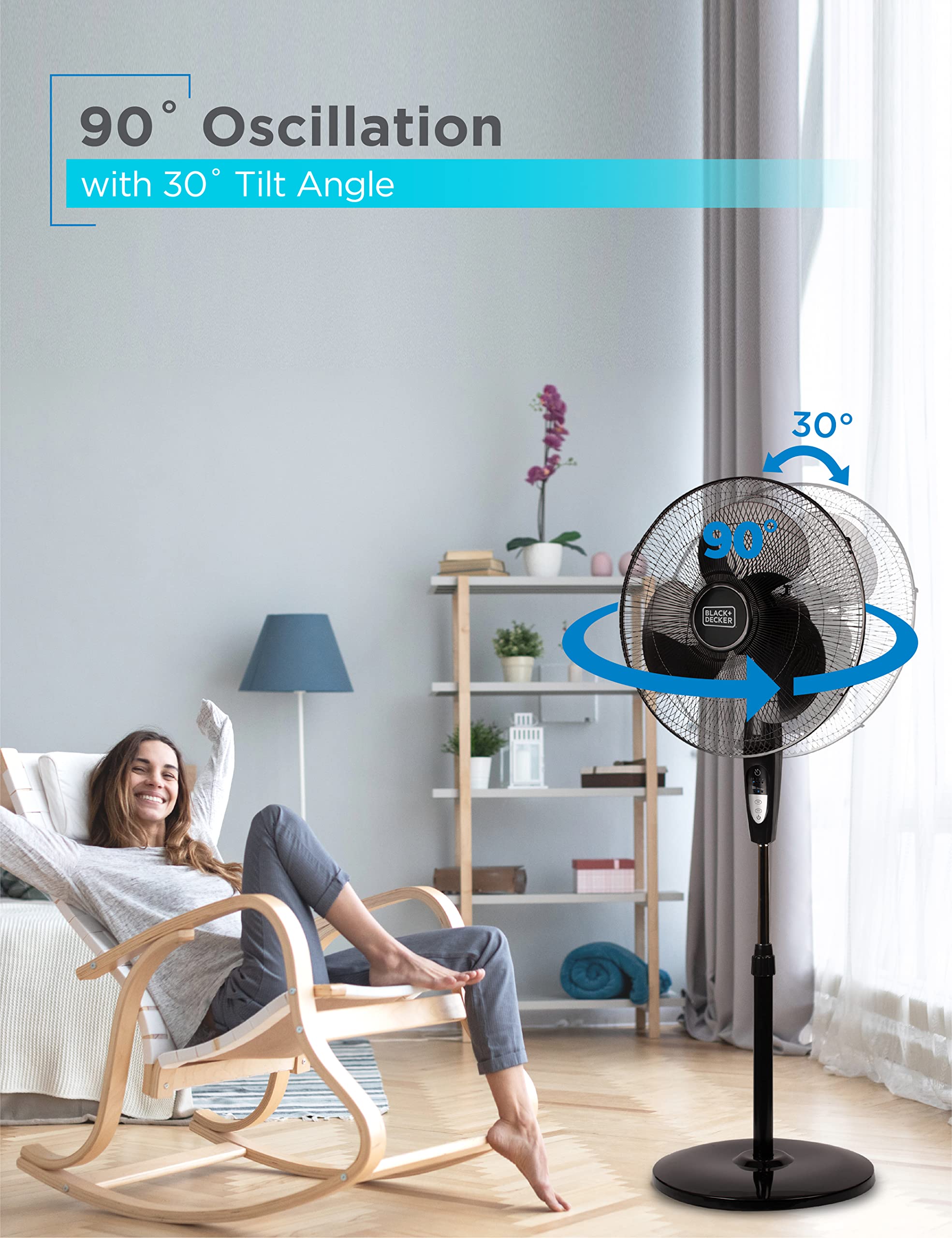 BLACK+DECKER 16 Inches Stand Fan with Pedestal Base, Height Adjustable Pedestal Fan with Remote and Touch Control Panel, Free Standing Fan with 90-Degree Oscillating and 3-Speed Settings, Black