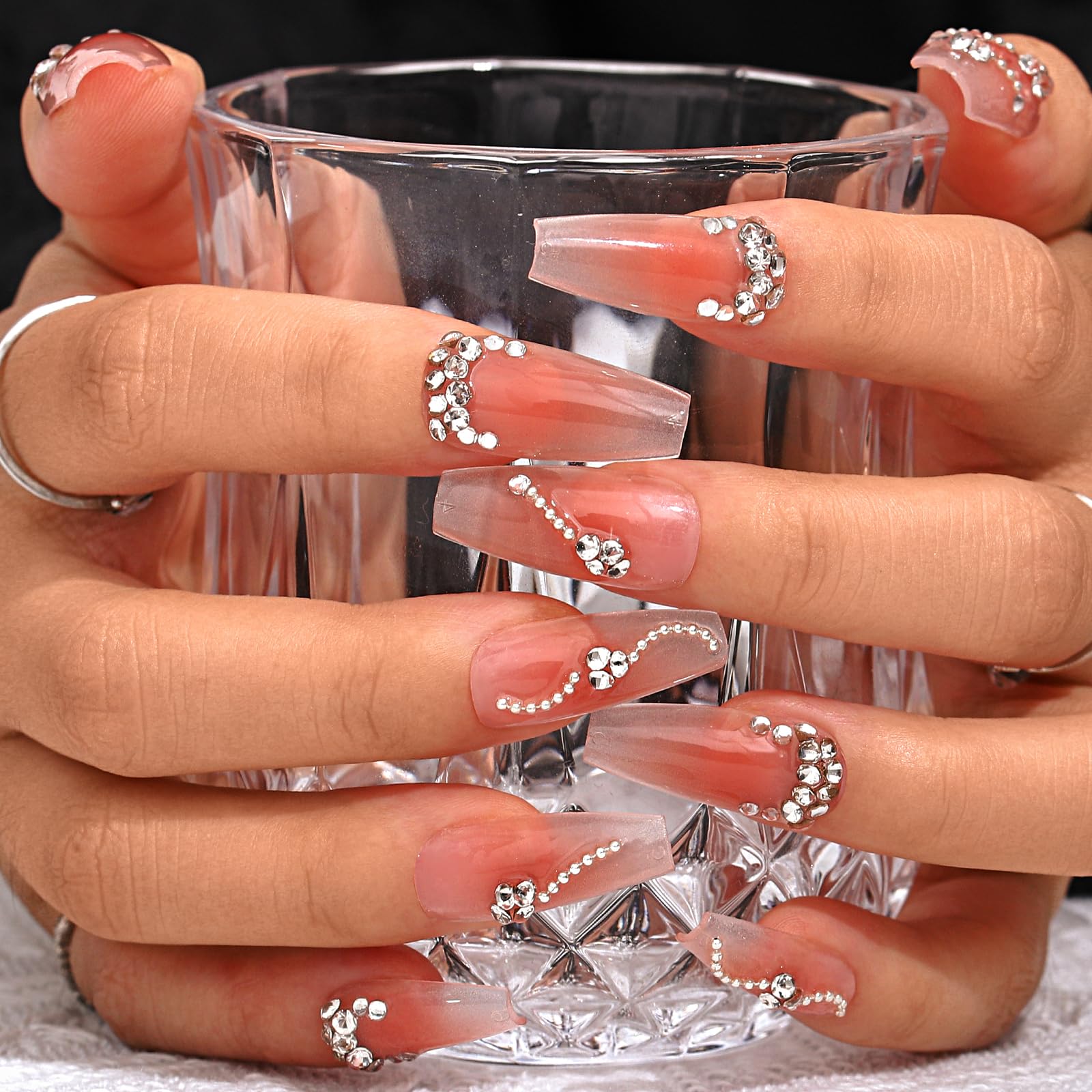 Sethexy Long Coffin Pink False Nails Handmade Rhinestone Blush Gradient Fake Nails 3D Crystal Chain Press On Nails Glossy Acrylic Salon Quality Nail Art Removable for Women and Girls (O)