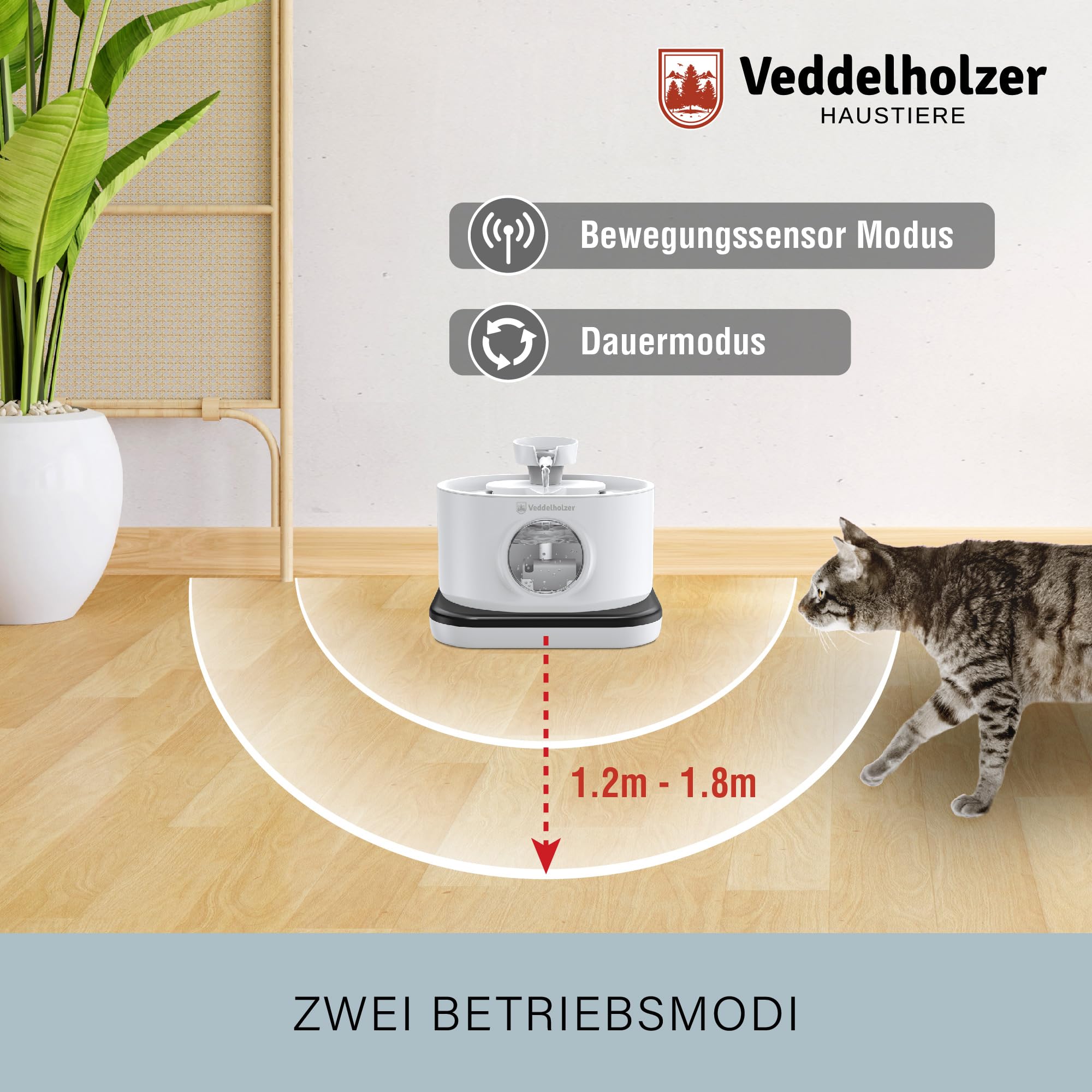 Veddelholzer 2,8 Liter Premium Katzenbrunnen kabellos mit Bewegungsmelder und 4 Fach Filter extrem leise 5200 mAh Akku inkl USB-C Kabel und Stecker Trinkbrunnen für Katzen & Hunde 6