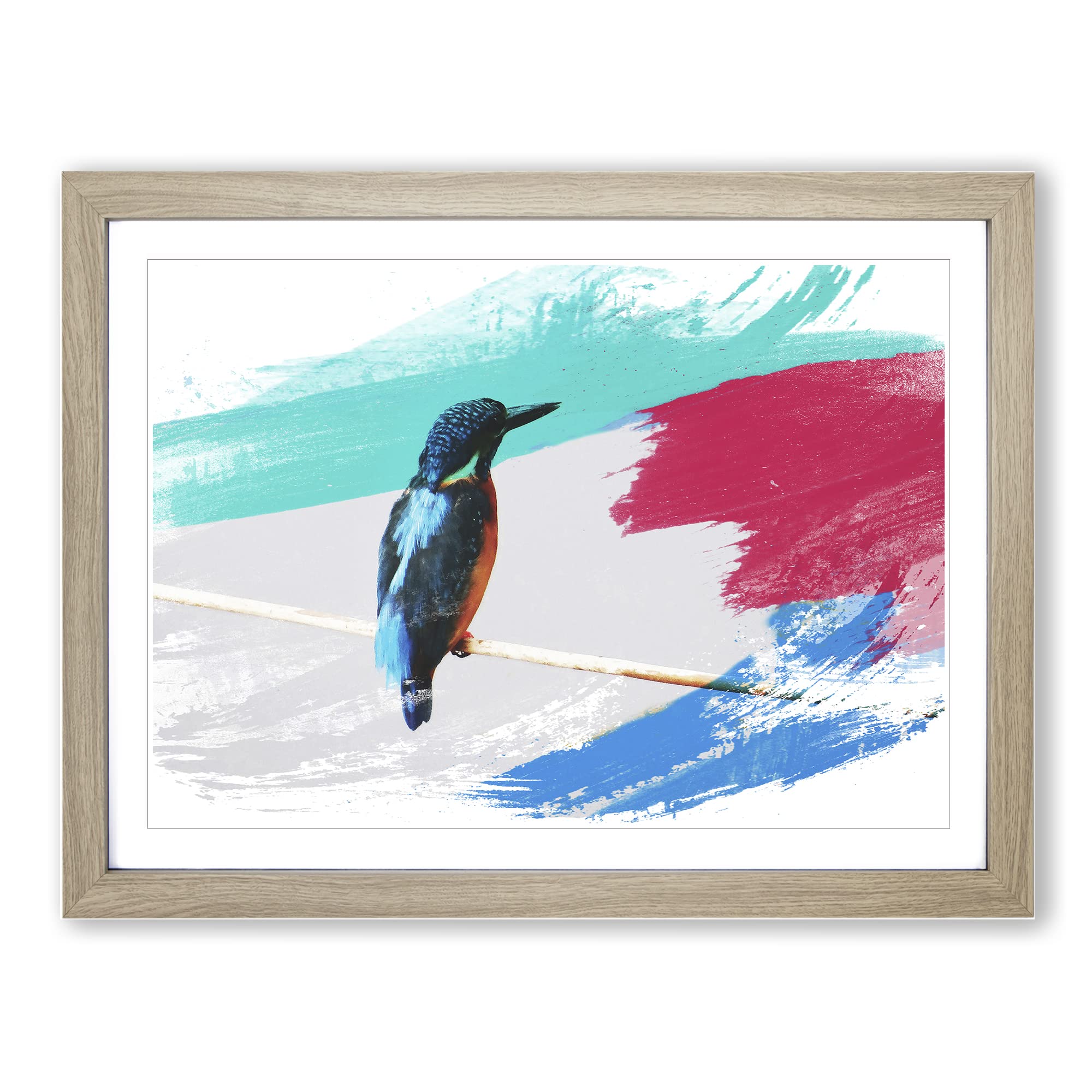 Kingfisher 2 V2 Modern Framed Print | A4 Oak Framed Wall Art | Ready to Hang | Modern Nature Picture | Living Room Bedroom Lounge Office