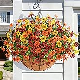 INQCMY Artificial Flowers Hanging Baskets for Outdoors Spring Decor, 12 Bundles Fake Plants Faux Silk Daisy with Eucalyptus Stem UV Resistant for Outside Patio Balcony Garden(Orange Brown Yellow)