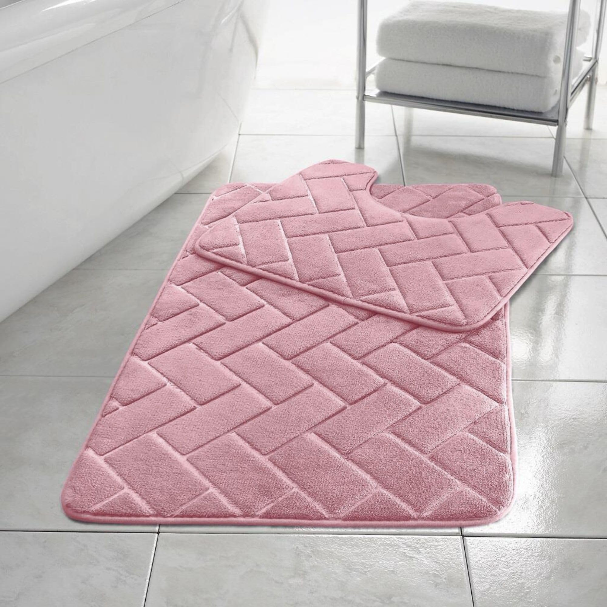 HomeSpace Direct Blocks Non- Slip Memory Foam Bath Mat/Toilet Mat Set Pink