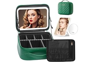 Omobolanle Makeup Bag with Mirror Led Light Detachable Portable Make up Travel Train Case with Adjustable Dividers and 10x Magnifying Mirror Green