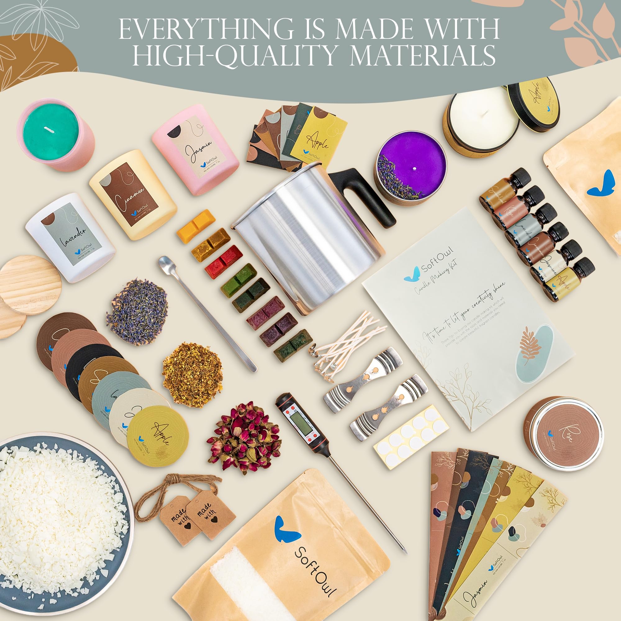 SoftOwl Premium Soy Candle Making Kit - Full Set - Soy Wax, Big 7oz Jars & Tins, 7 Pleasant Scents, Color Dyes & More - Perfect as Home Decorations - DIY Starter Scented Candles Making Kit