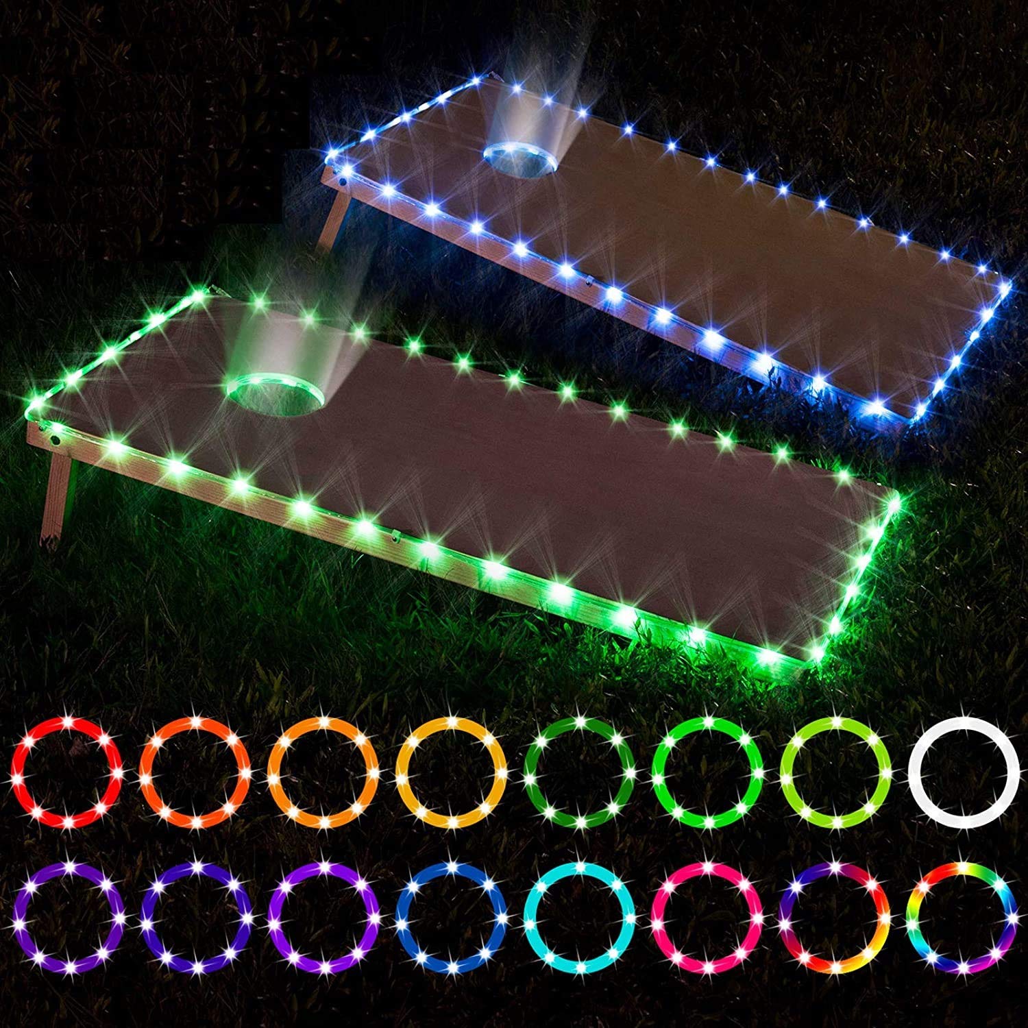 LED Cornhole Lights, remote control Cornhole Board Edge and Ring LED Lights, 16 Color change by yourself, a great addition for playing Bean Bag Toss Cornhole game at the family backyard at night,2 set