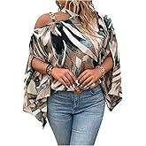 GORGLITTER Women's Plus Size Blouse Tops Trendy Dressy Casual Fall Cold Shoulder 3/4 Sleeve Asymmetrical Neck Shirt Top