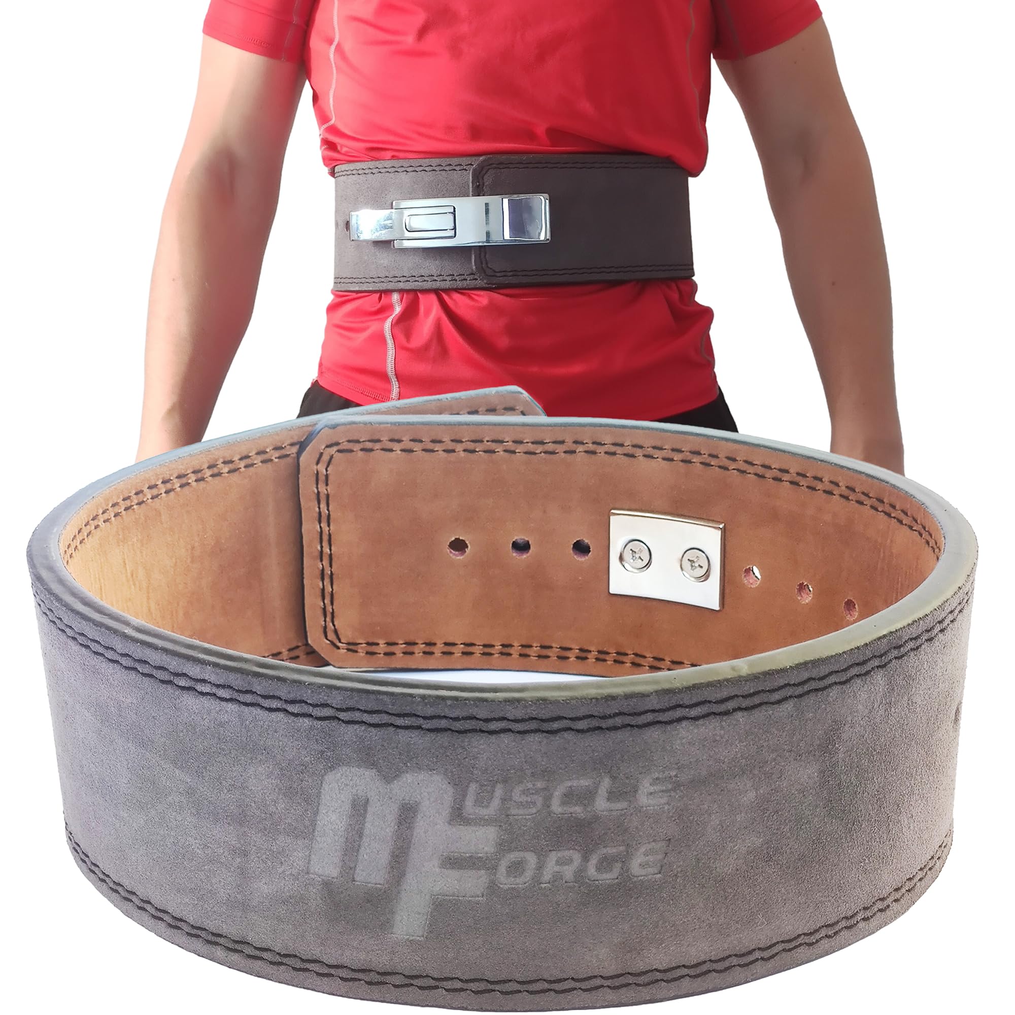 MuscleForge® Leather Powerlifting Belt with Steel Buckle - Weight Lifting Belt for Powerlifting, Weightlifting Belt for Bodybuilding, Strength Training, Size L
