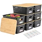 Anysig 8 Packs Plastic Storage Bins with Bamboo Lids - Stackable Storage Bins Decorative Small Basket Containers for Organizing Shelves Office Classroom Desktop Closet, Black