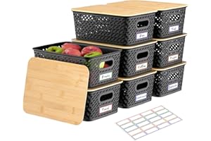 Anysig 8 Packs Plastic Storage Bins with Bamboo Lids - Stackable Storage Bins Decorative Small Basket Containers for Organizing Shelves Office Classroom Desktop Closet, Black