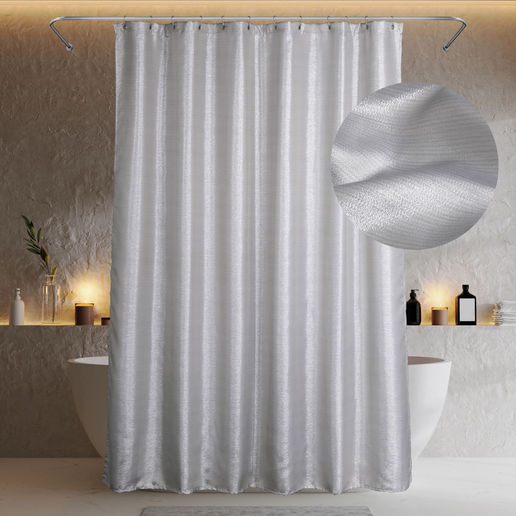 Popkozzi Silver Grey Glitter Shower Curtains: Fabric Sparkle Bling Shiny Metallic Shimmer Curtain for Bathroom - Anti Mould Water Repellent Washable Shower Curtain for Wet Room - 183 x 183cm Drop