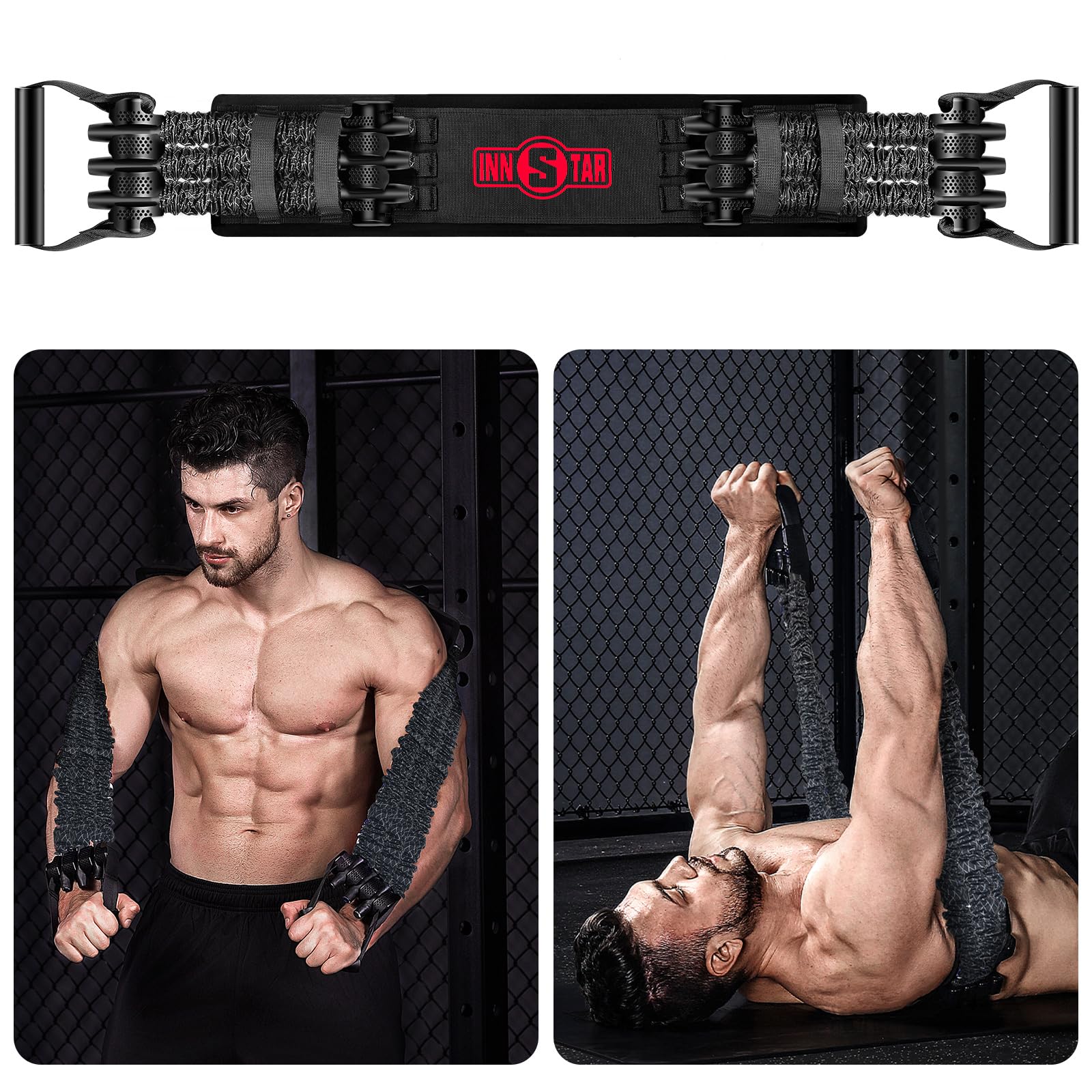 INNSTAR Adjustable Bench Press Device,Push up Resistance Bands, Chest Builder Workout Equipment for Home Gym Exercise,Fitness Workout,Travel Training (Black-200LB)