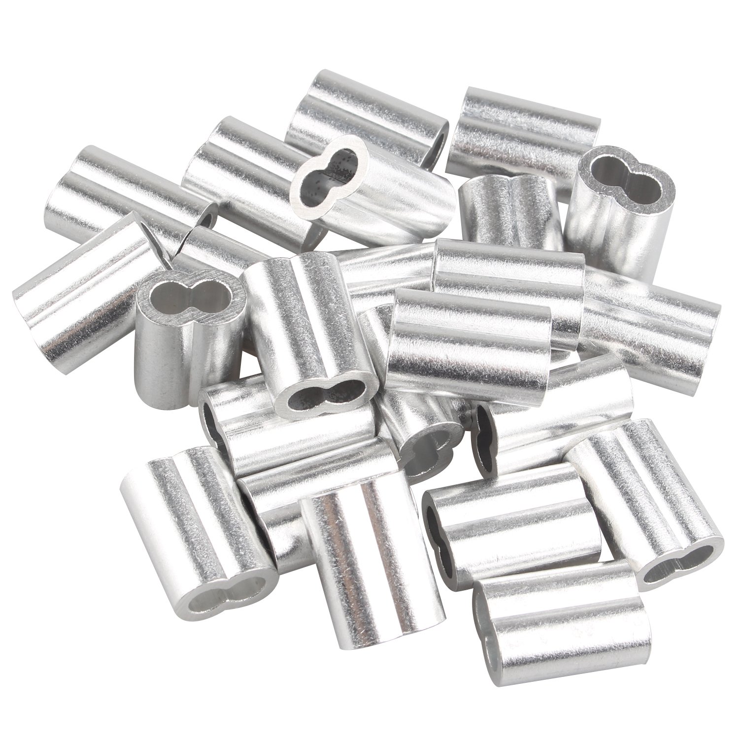 Futheda 25 pcs Aluminum Crimping Loop Sleeve Clips with Double Ferrules/Holes for 5.0mm Cable Wire Rope Silver Tone