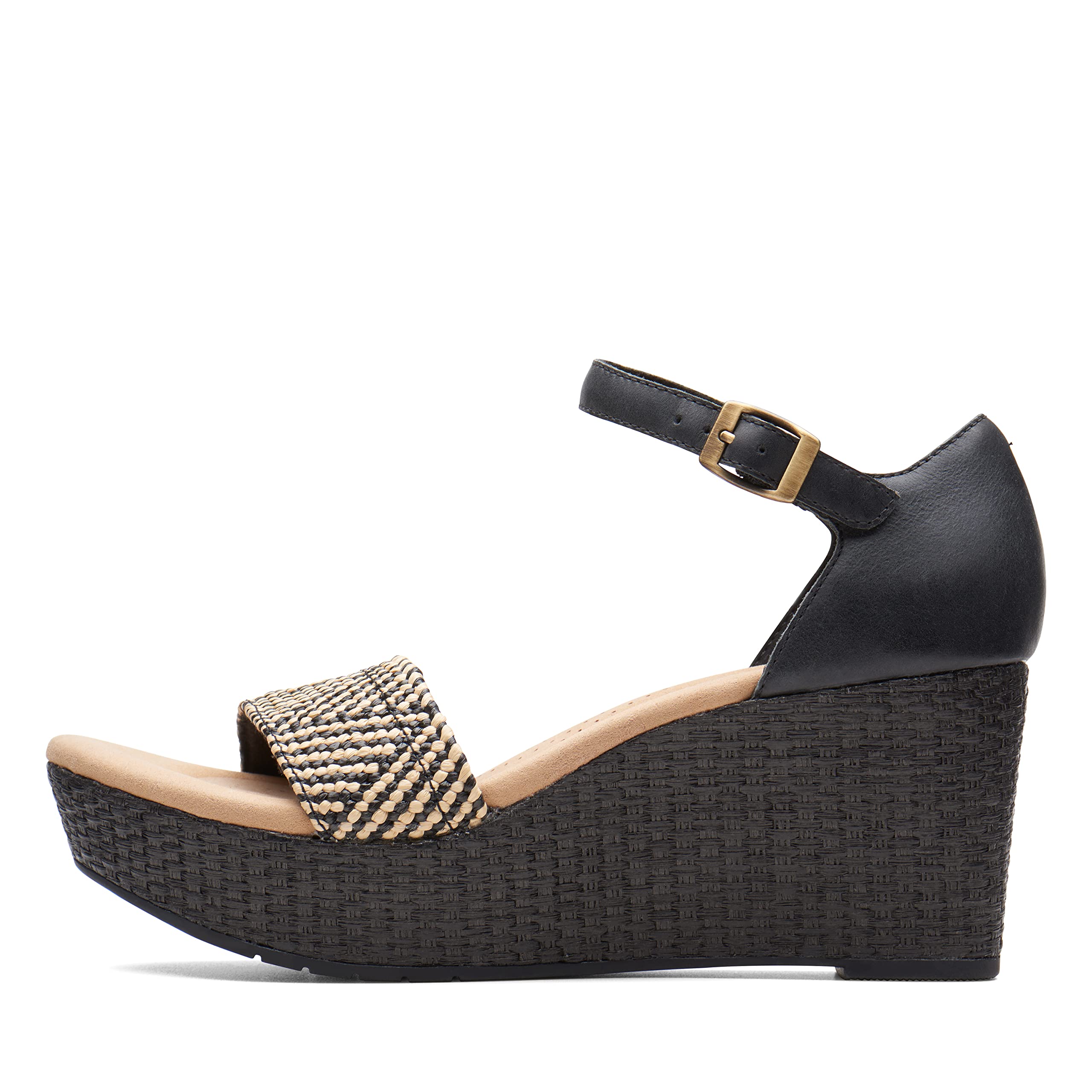 Clarks Women’s Rose Ease Wedge Sandal, Black Leather, 11
