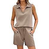 Glamaker Womens Two Piece Short Sets Summer V Neck Travel Outfits Sweatsuits Sleeveless Lounge Sets Tracksuit
