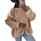 KIRUNDO Womens Sweaters 2026 Fall Oversized Long Sleeve Chunky Knit Crew Neck Contrast Stitching Pullover Winter Clothes