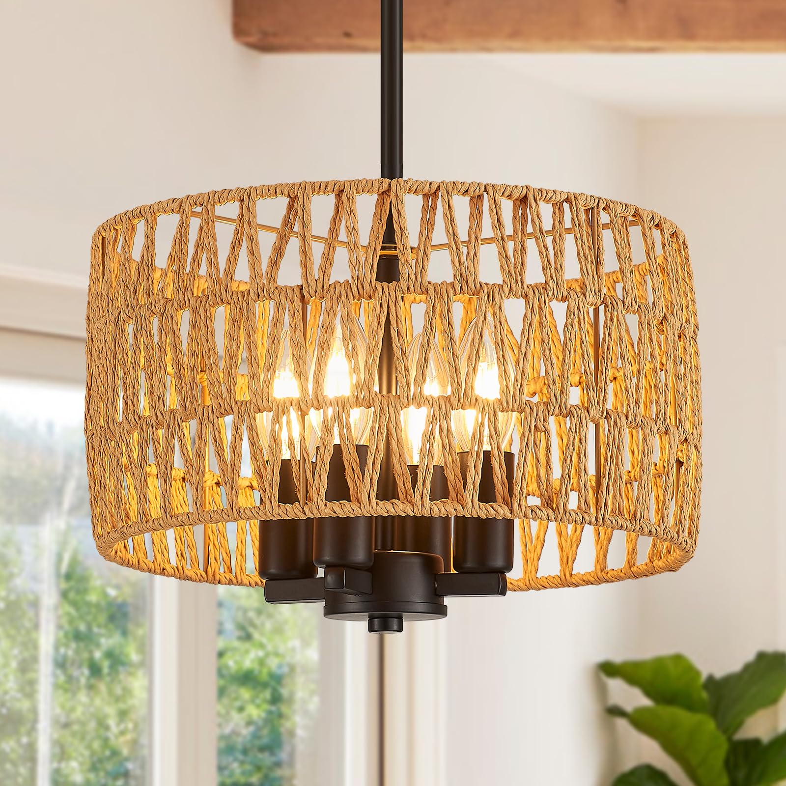 Photo 1 of Aol furin 11" Boho Small Rattan Chandelier for Dining Room Brown Wicker Farmhouse Pendant Light Fixture for Kitchen Island Hand Woven Coastal 4-Light Round Hanging Lighting for Entryway Foyer Hallway