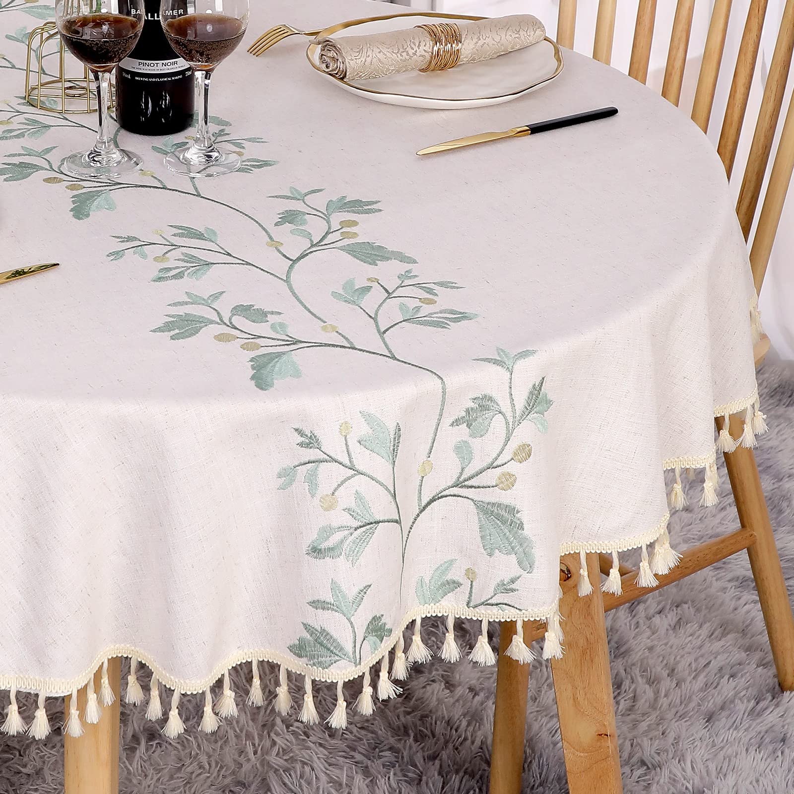 SUCHDECO Round Tablecloth 140cm Cotton Linen Table Cloth, Beige Tablecloth with Green Leaf Embroidery Tassels Washable Circular Table Cover for Dining Table Kitchen Room Party Decor