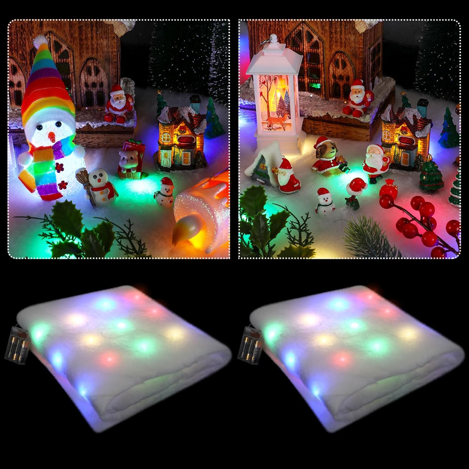 Artificial Snow - 2 Pcs Christmas Snow Blanket with LED Lights Lighted Snow Table Runner Christmas Table Runner Fake Snow Decoration Illuminated Blanket of Artificial Snow 59 x 16 Inch for Village Display (Colorful)