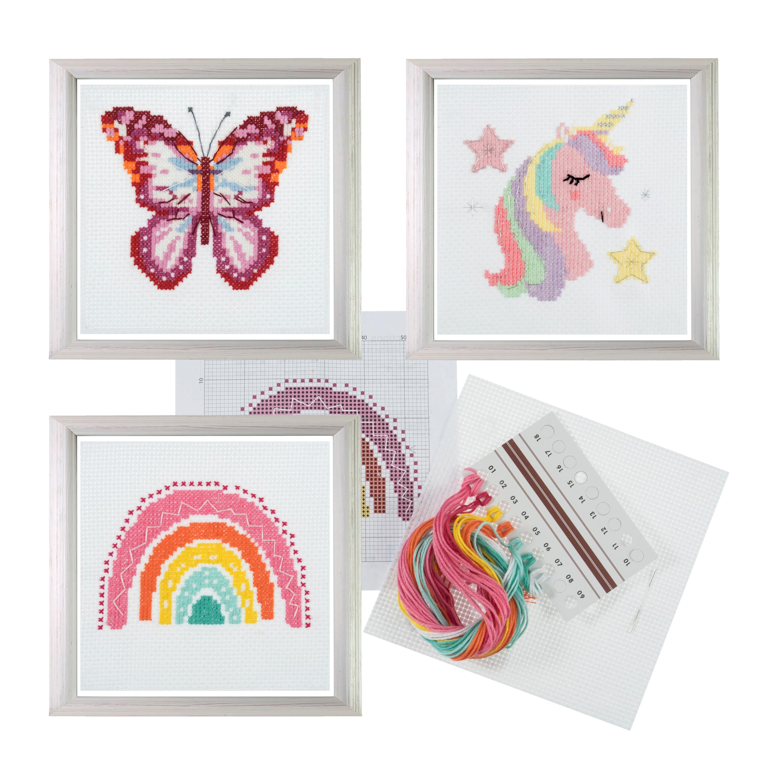 Trimits 3PK Cross Stitch Kits for Adults Beginners - Pre Printed Cross Stitch Kit, Beginners Embroidery Kit for Adults & Kids, Complete DIY Embroidery Starter Set - 13x13cm, Rainbow/Unicorn/Butterfly