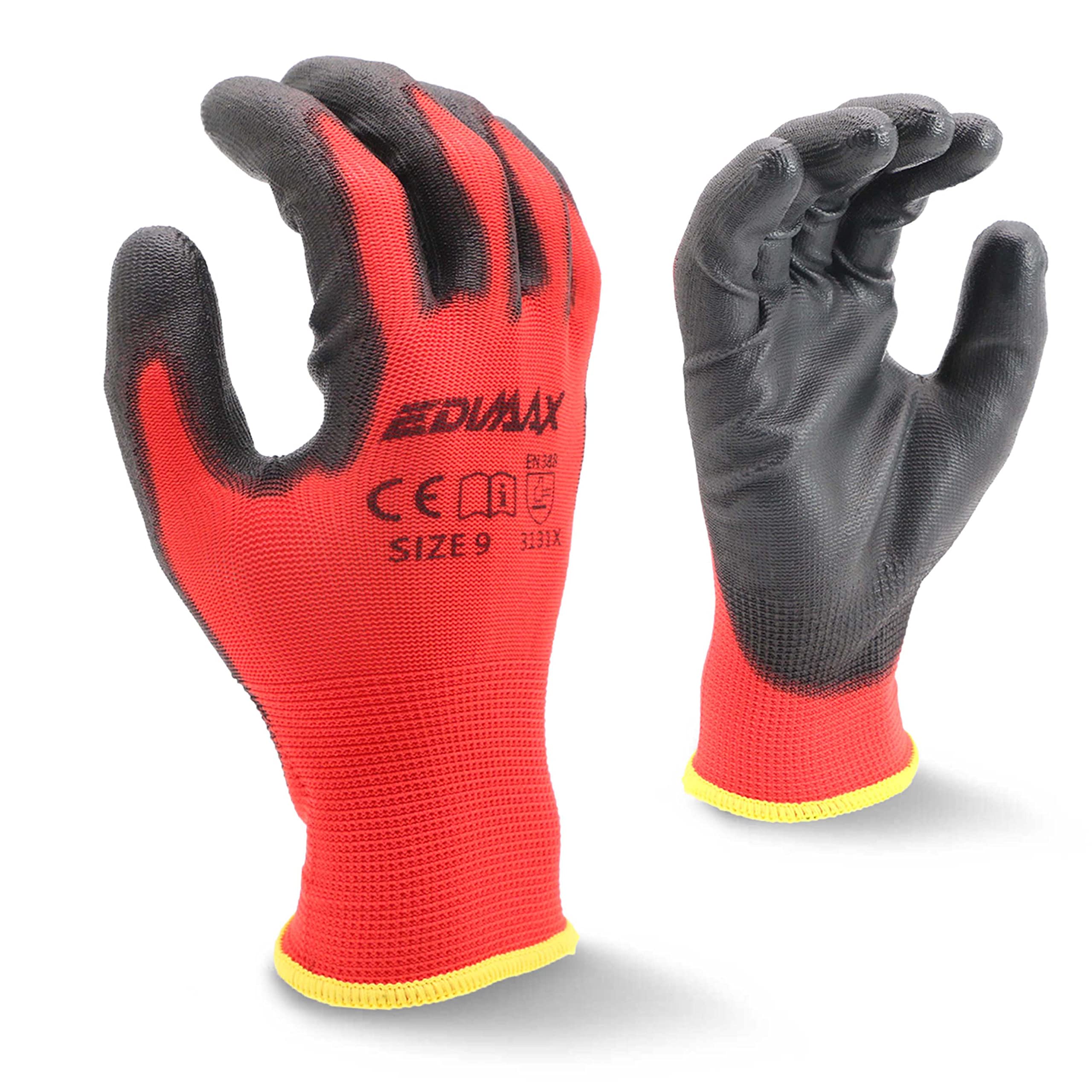 EDIMAX, Work Gloves, 12 Pairs (Size L /9), High Abrasion and Tear Resistance, Level 3, Naylon PU Coated, Versatile, for Mechanics, Industrial Protection