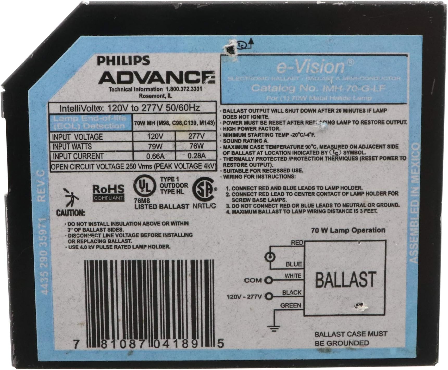 Advance IMH-70-G-LF Electronic MH Metal Halide Ballast, 1-Lamp, M98 70W, 120/277V