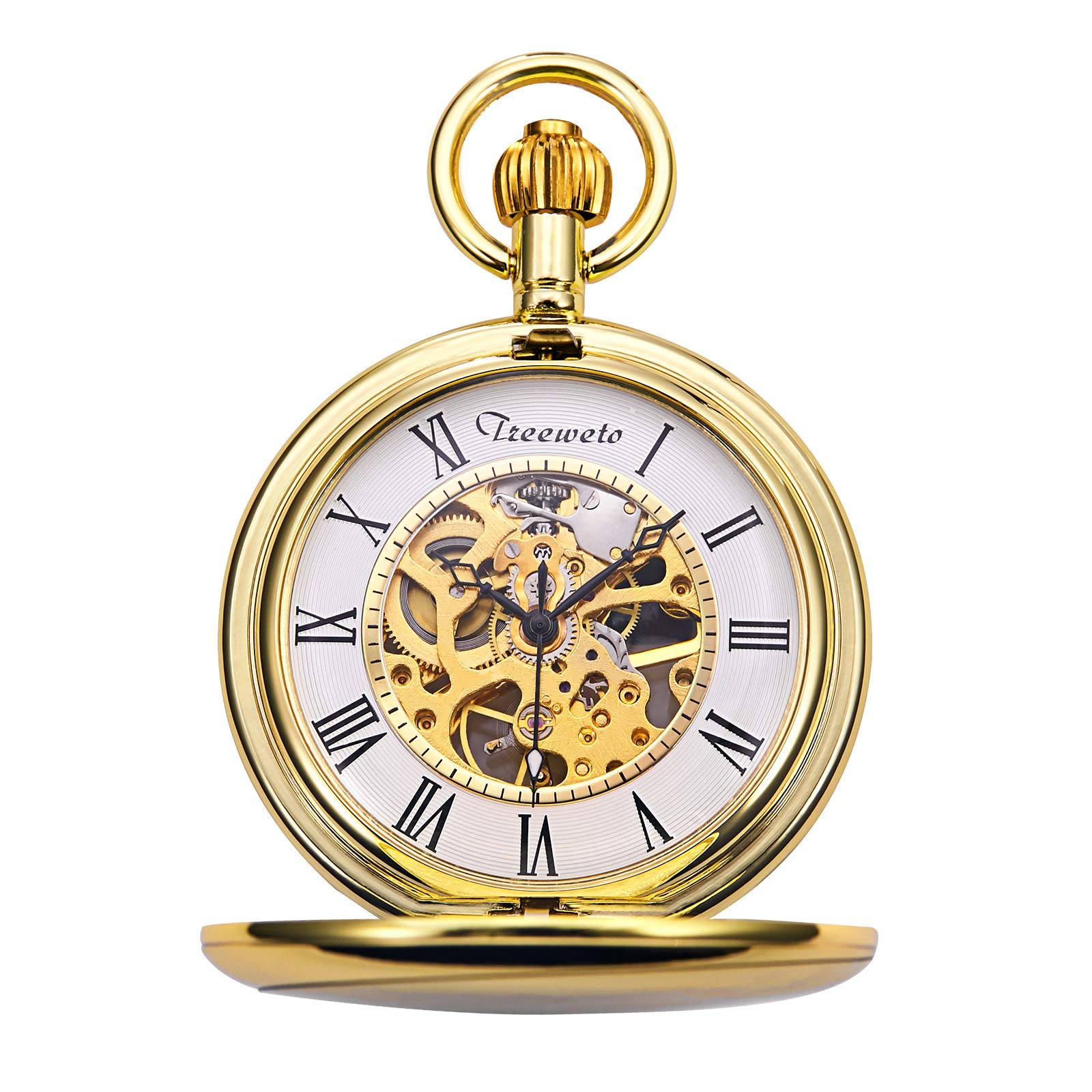 TREEWETO Pocket Watch Gold Smooth Case Skeleton Dial Mechanical Movement with Chain + Gift Box