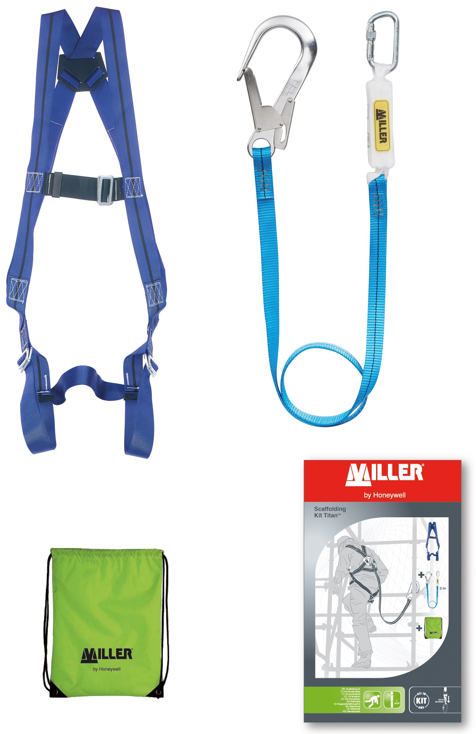 Miller PSS Titan Scaffolding Kit with Titan 1P Harness with Dorsal D-Ring, Titan Shock Absorbing Polyamide Lanyard 2M & Green Bag, 1031433 (1 Piece)