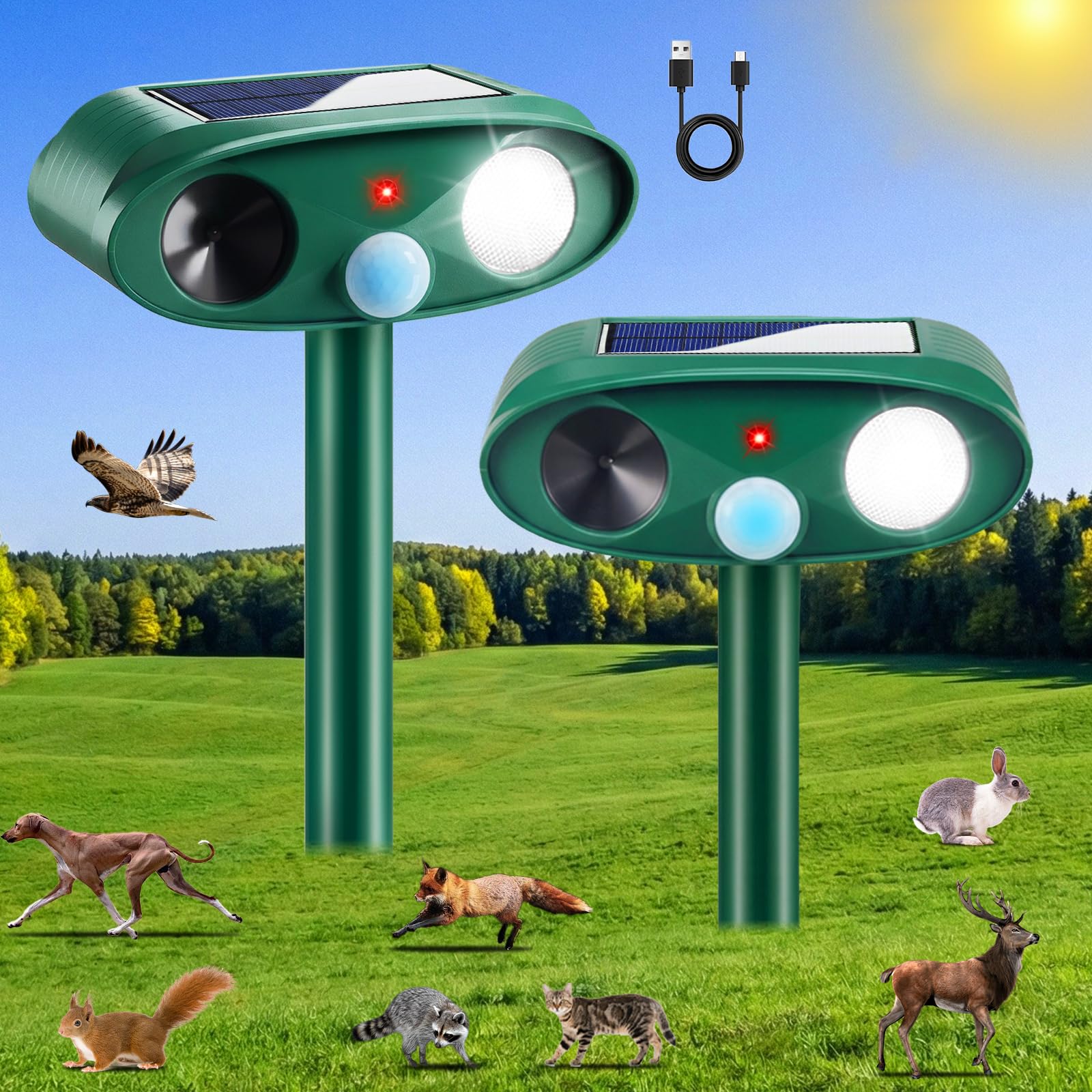 Photo 1 of 2026 Solar Ultrasonic Animal Repellent Outdoor Cat Deterrent Deer Repellent Devices Dog Repeller with Motion Sensor & Strobe Light & Usb Charging Deterrent Rabbit Squirrel Skunk Racoon for Yard Garden