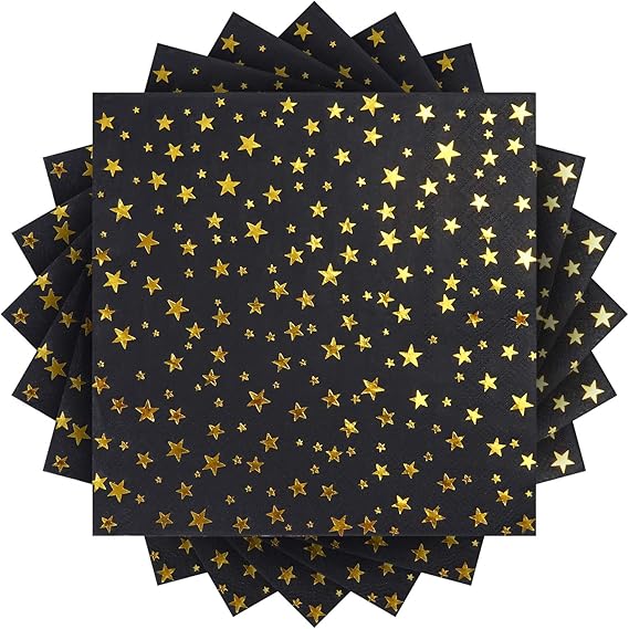 Aneco 50 Pack Paper Napkins Black with Gold Star Cocktail Napkins with